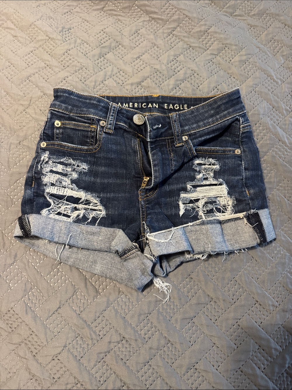 American Eagle Outfitters distressed dark blue denim jean shorts
